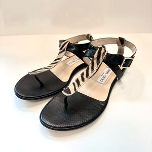 Jimmy Choo Zebra Haircalf & Black Leather Sandals – Size 38.5 – Made in Italy
